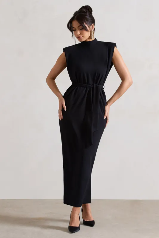 Abbie | Black High-Neck Maxi Dress With Tie Waist sold by Club L London
