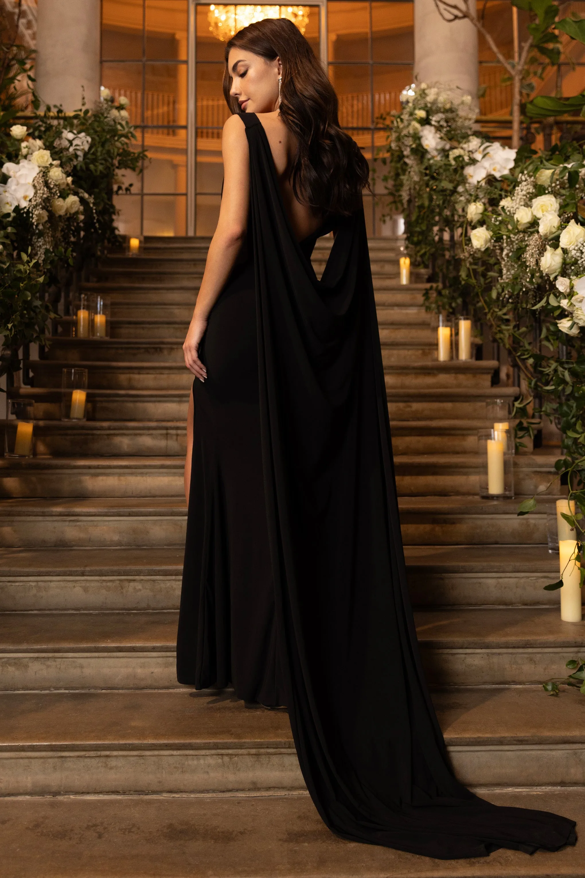 A Toast | Black Split Maxi Dress With Draped Cape sold by Club L London