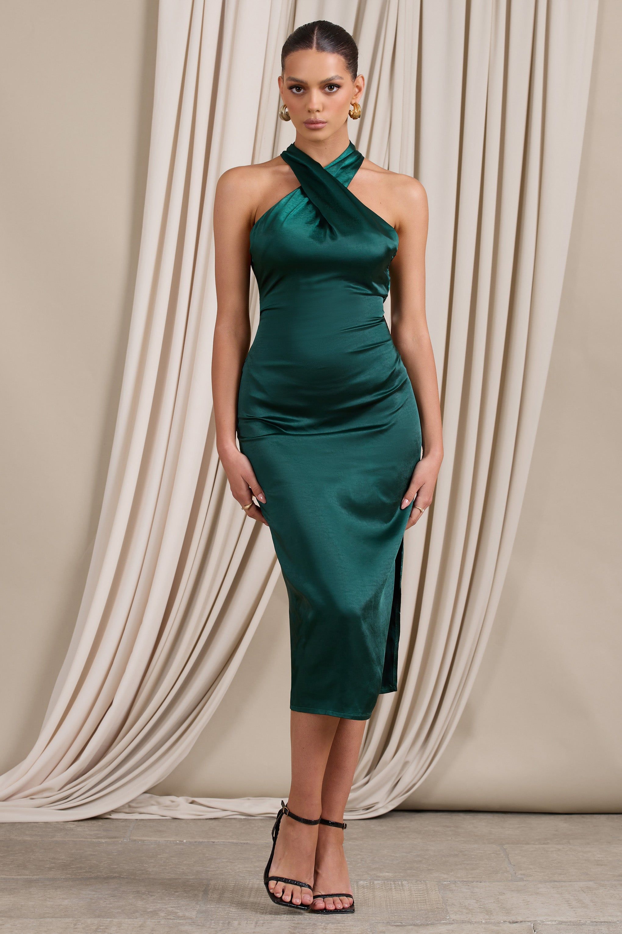 Dazzling | Bottle Green Satin Cross Over Halter Neck Midi Dress sold by Club L London product image thumbnail 4