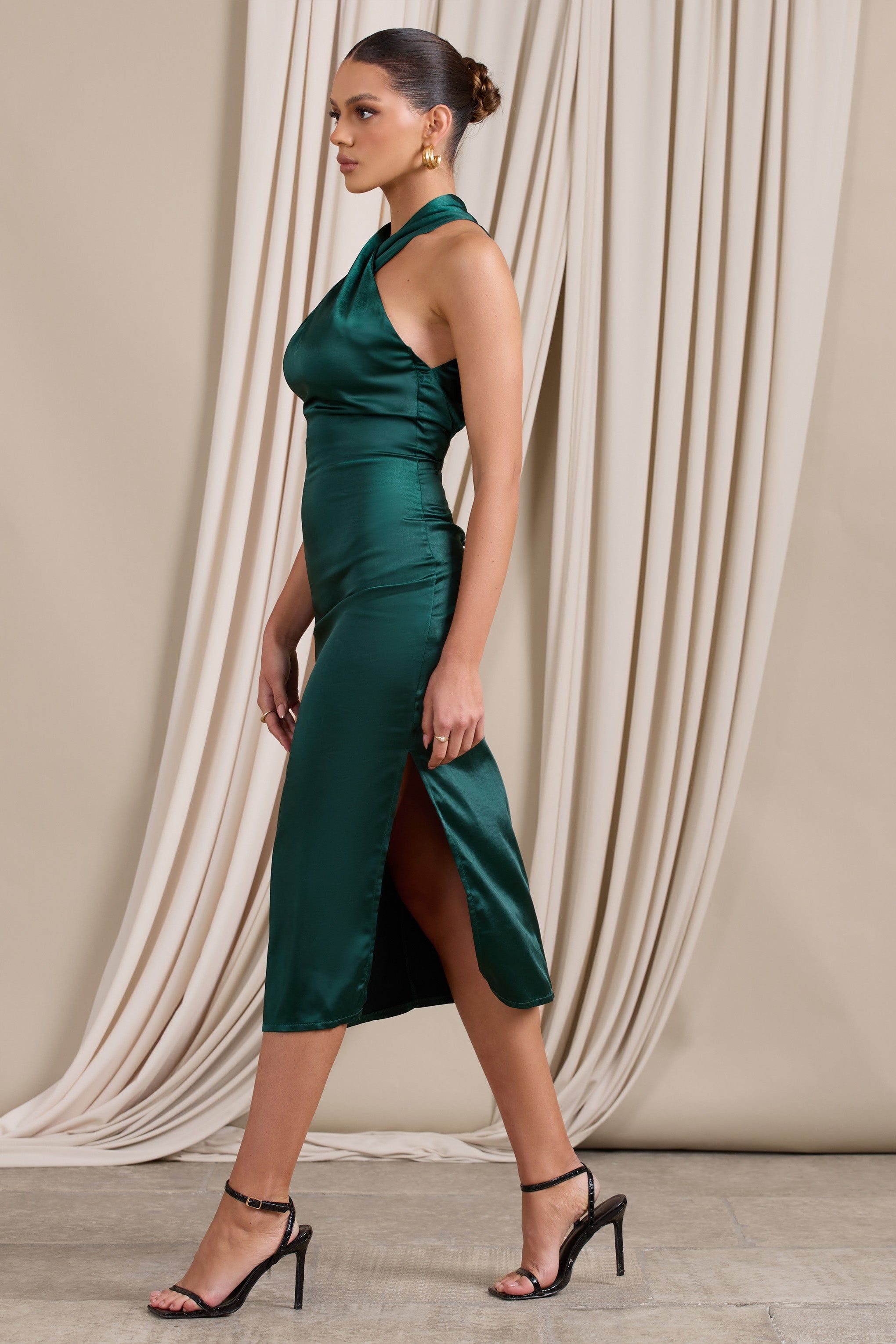 Dazzling | Bottle Green Satin Cross Over Halter Neck Midi Dress sold by Club L London product image thumbnail 5