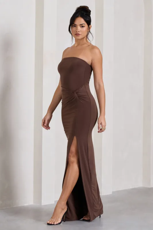 Dawning | Chocolate Brown Bandeau Split Maxi Dress With Knot Detail sold by Club L London