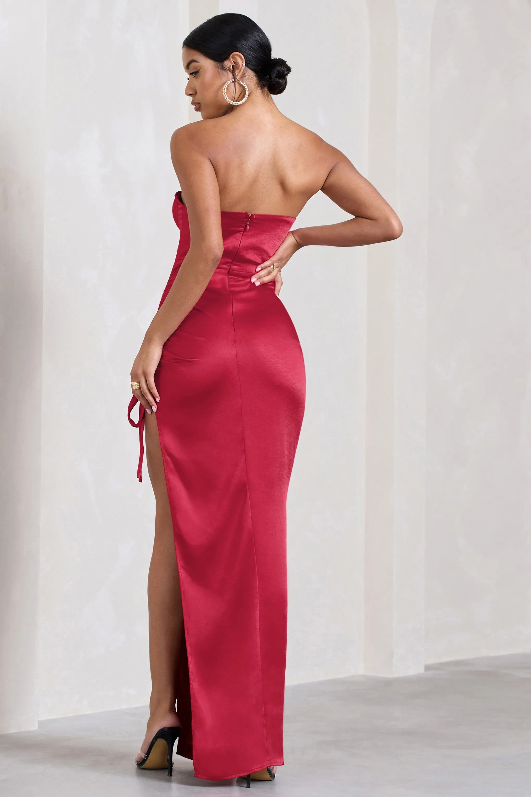 Expose | Red Satin Sweetheart Corset Asymmetric Maxi Dress sold by Club L London product image thumbnail 2