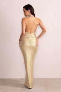 Leila | Champagne Backless Halter Neck Wrap Detail Maxi Dress sold by Club L London
