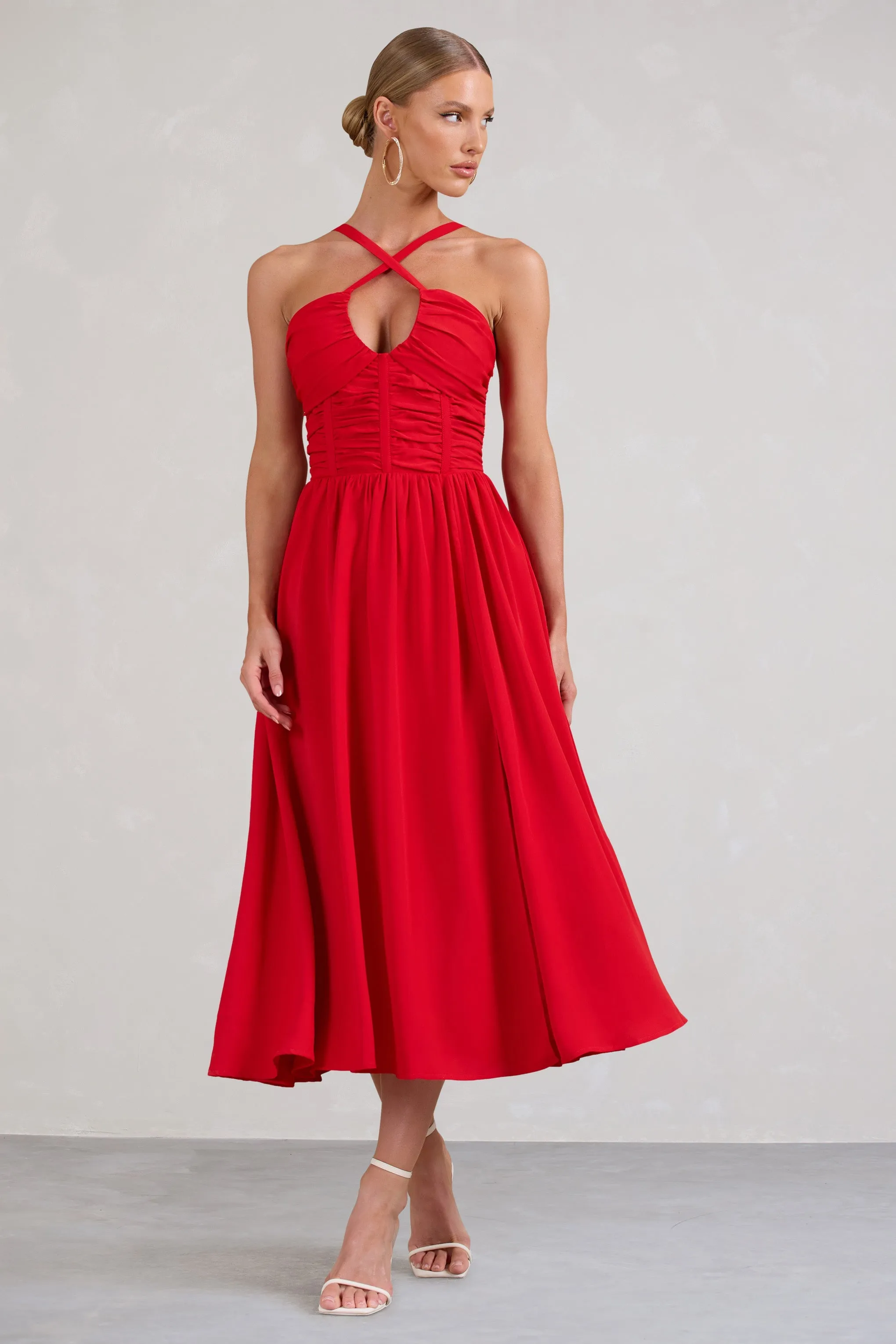 Lady Loren | Red Ruched Cross-Strap Split Midi Dress sold by Club L London product image thumbnail 2