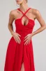 Lady Loren | Red Ruched Cross-Strap Split Midi Dress sold by Club L London