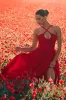 Lady Loren | Red Ruched Cross-Strap Split Midi Dress sold by Club L London