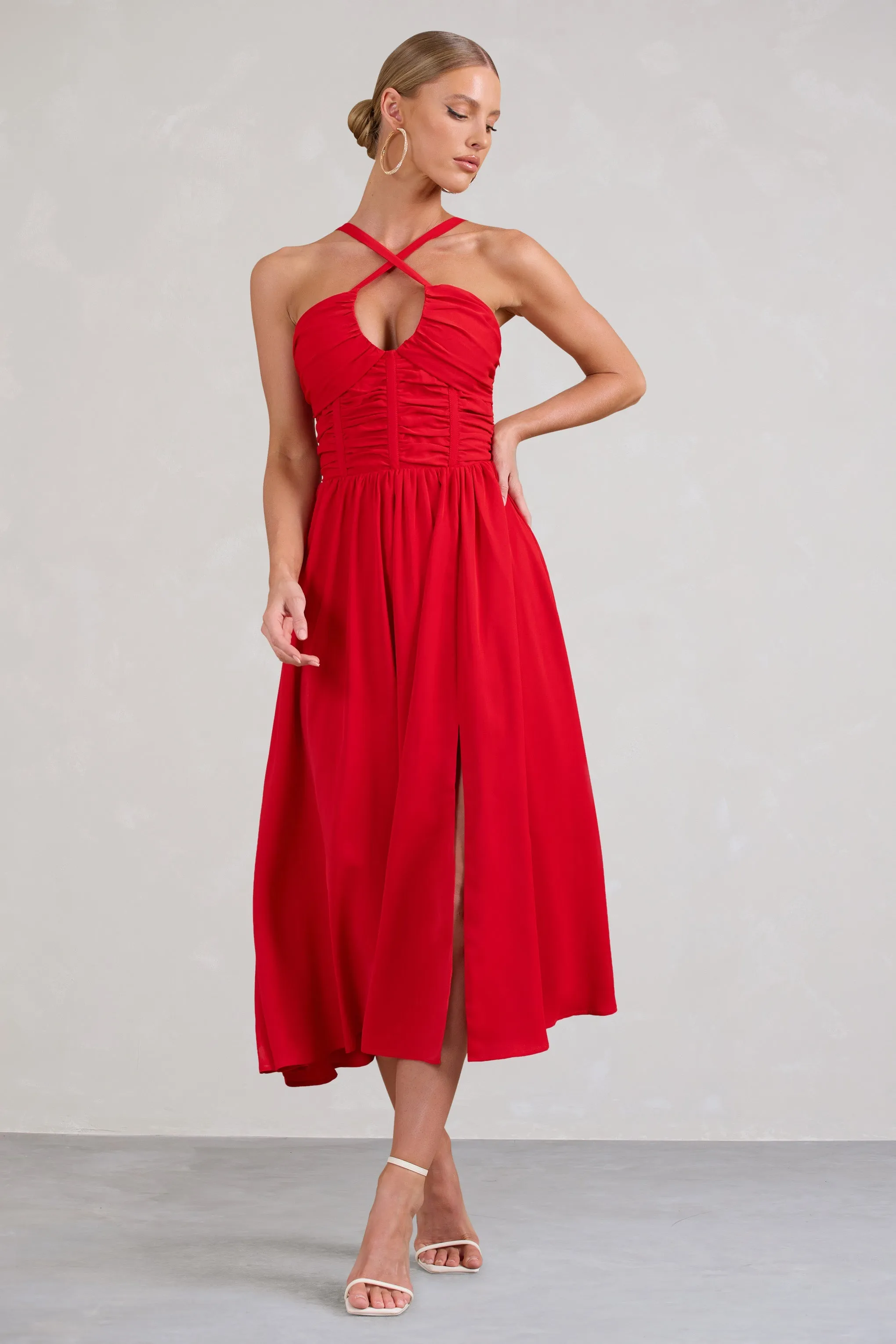Lady Loren | Red Ruched Cross-Strap Split Midi Dress sold by Club L London product image thumbnail 5