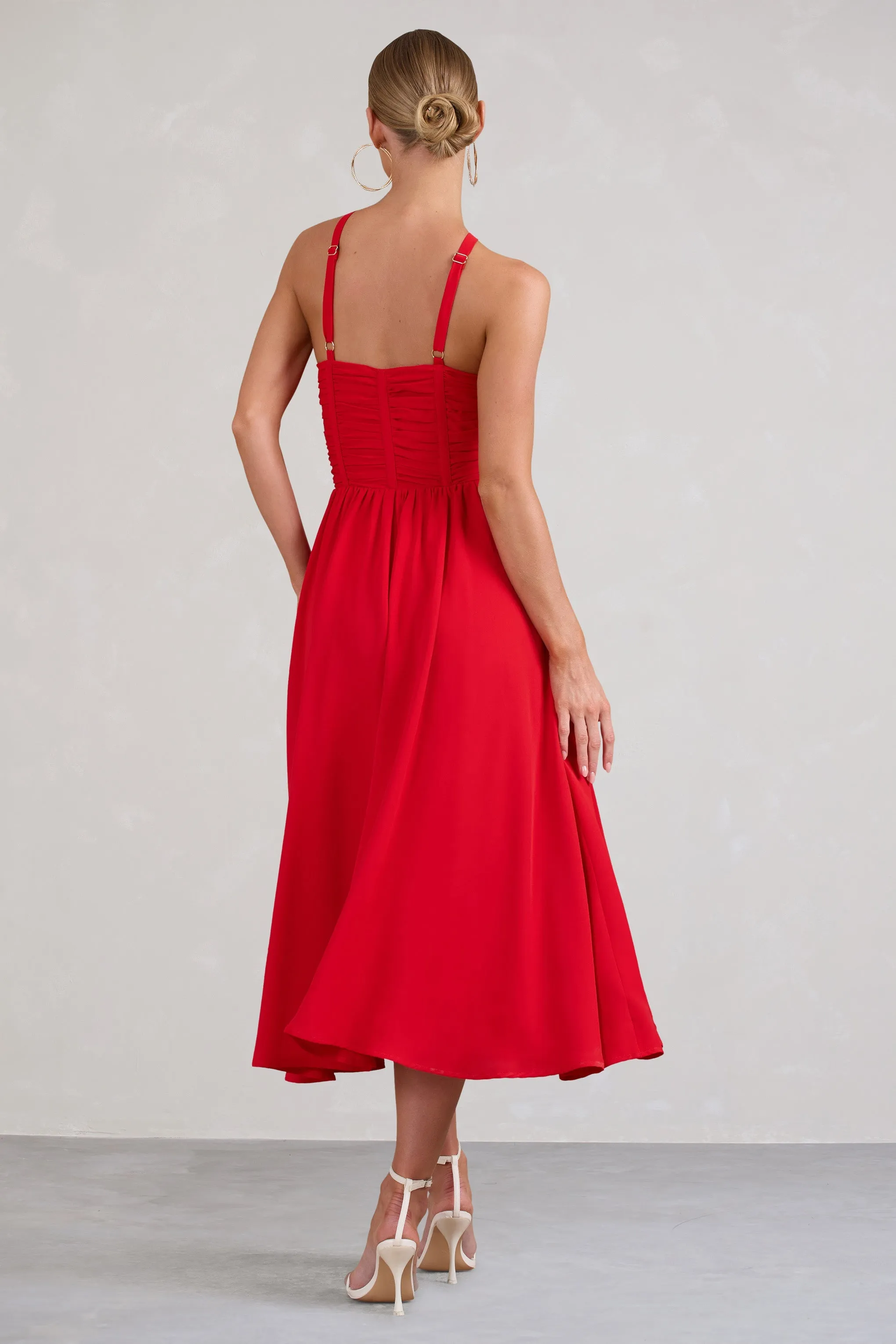 Lady Loren | Red Ruched Cross-Strap Split Midi Dress sold by Club L London product image thumbnail 3