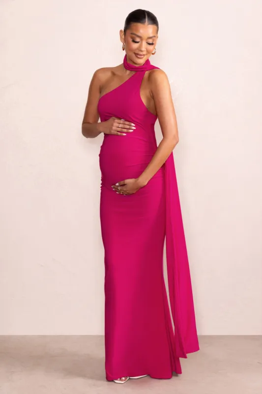 Alula | Hot Pink Maternity Asymmetric Maxi Dress with Cape Detailing made by Club L London