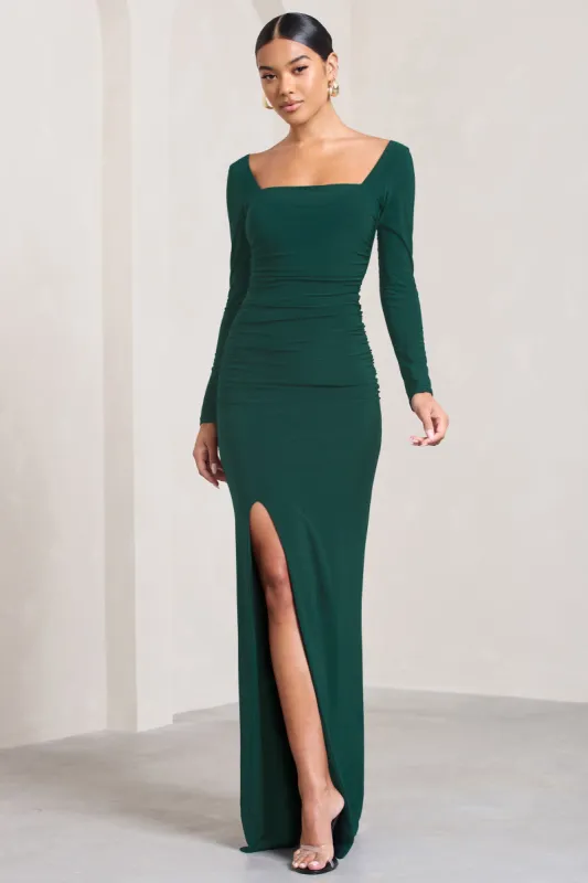 My Pleasure | Bottle Green Square Neck Ruched Maxi Dress sold by Club L London