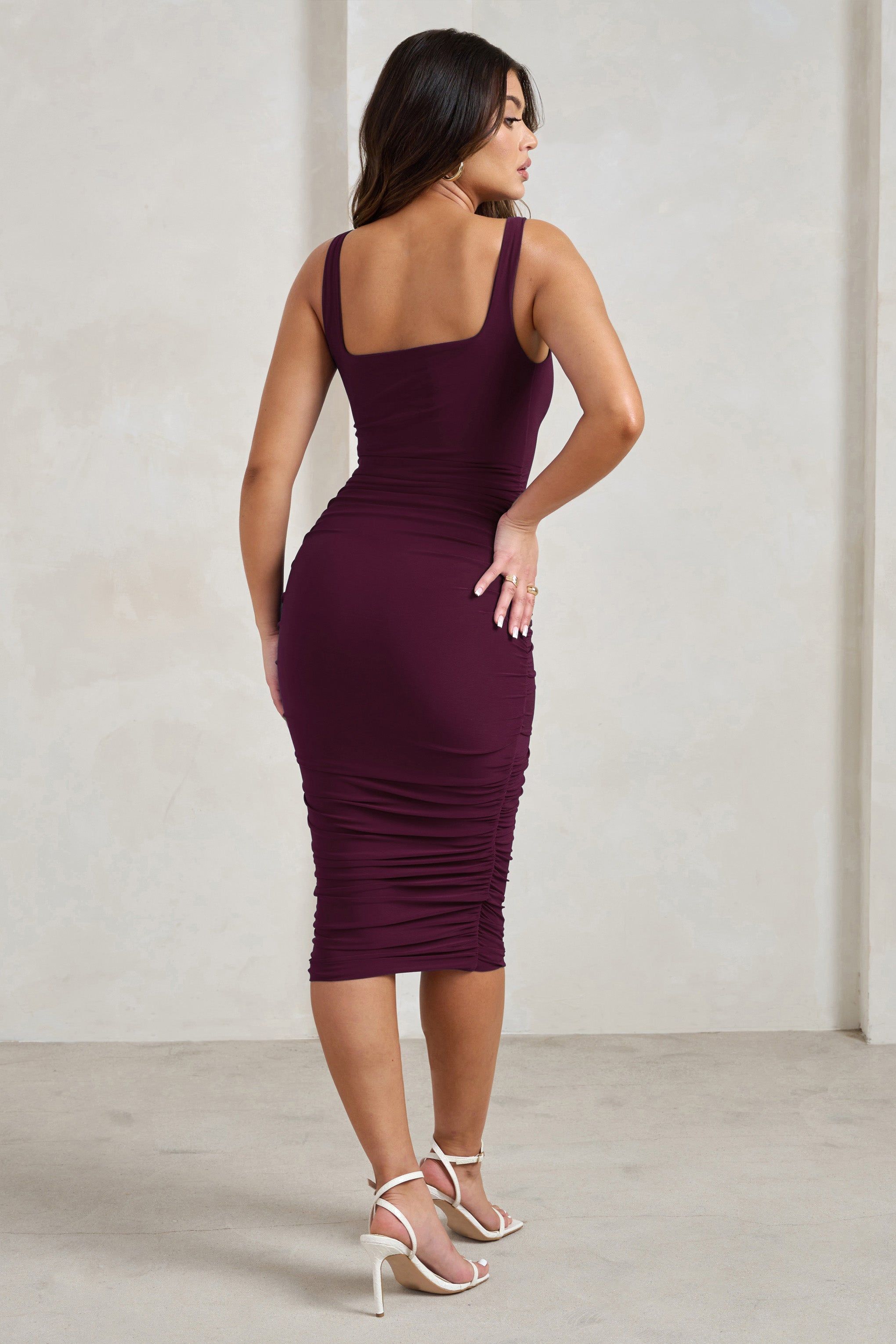 Lisbon | Plum Square Neck Ruched Midi Dress sold by Club L London product image thumbnail 2
