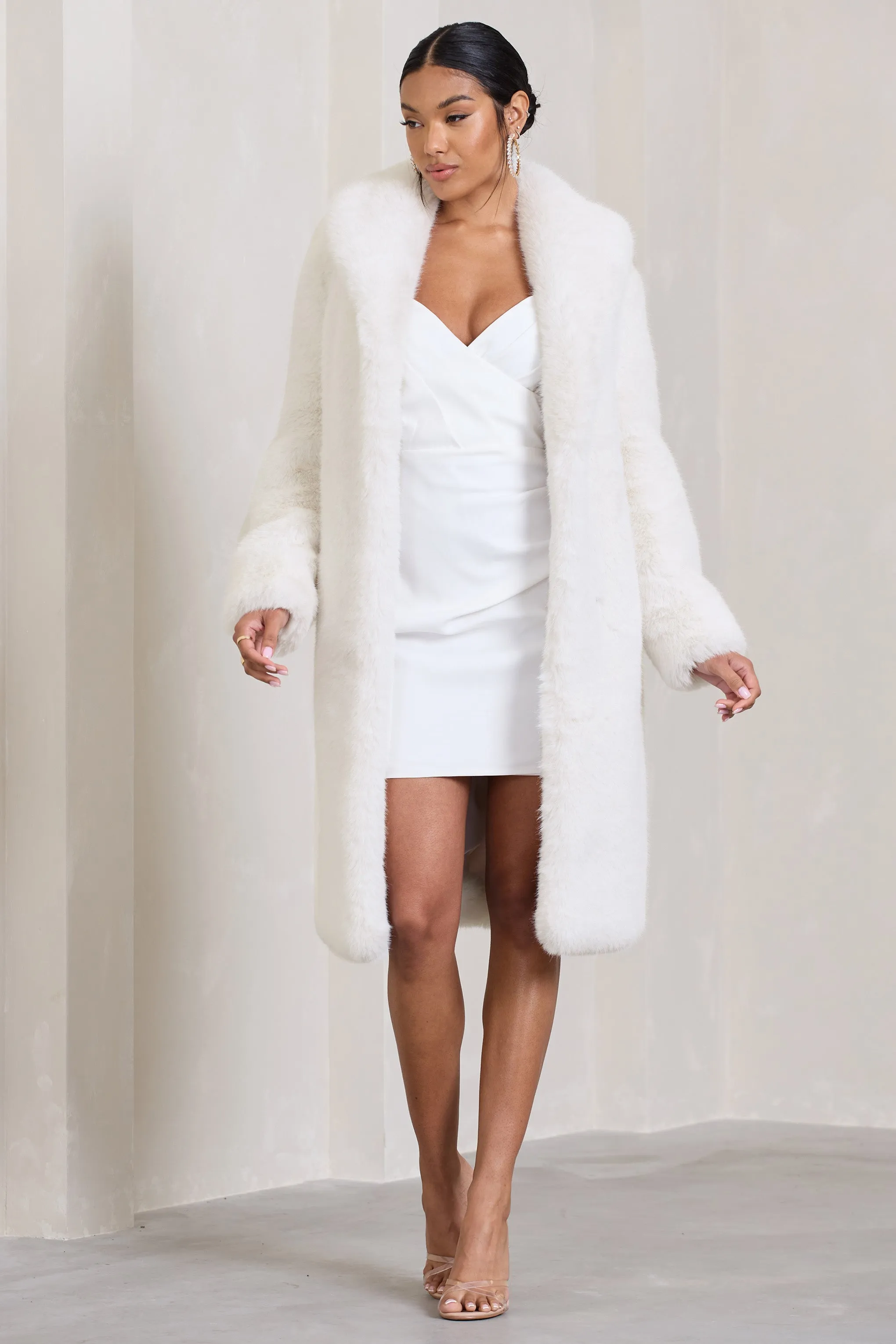 Slopeside | Cream Long Belted Faux Fur Coat sold by Club L London product image thumbnail 3