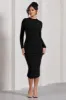 Emilie | Black Ruched Long-Sleeve Midi Dress sold by Club L London