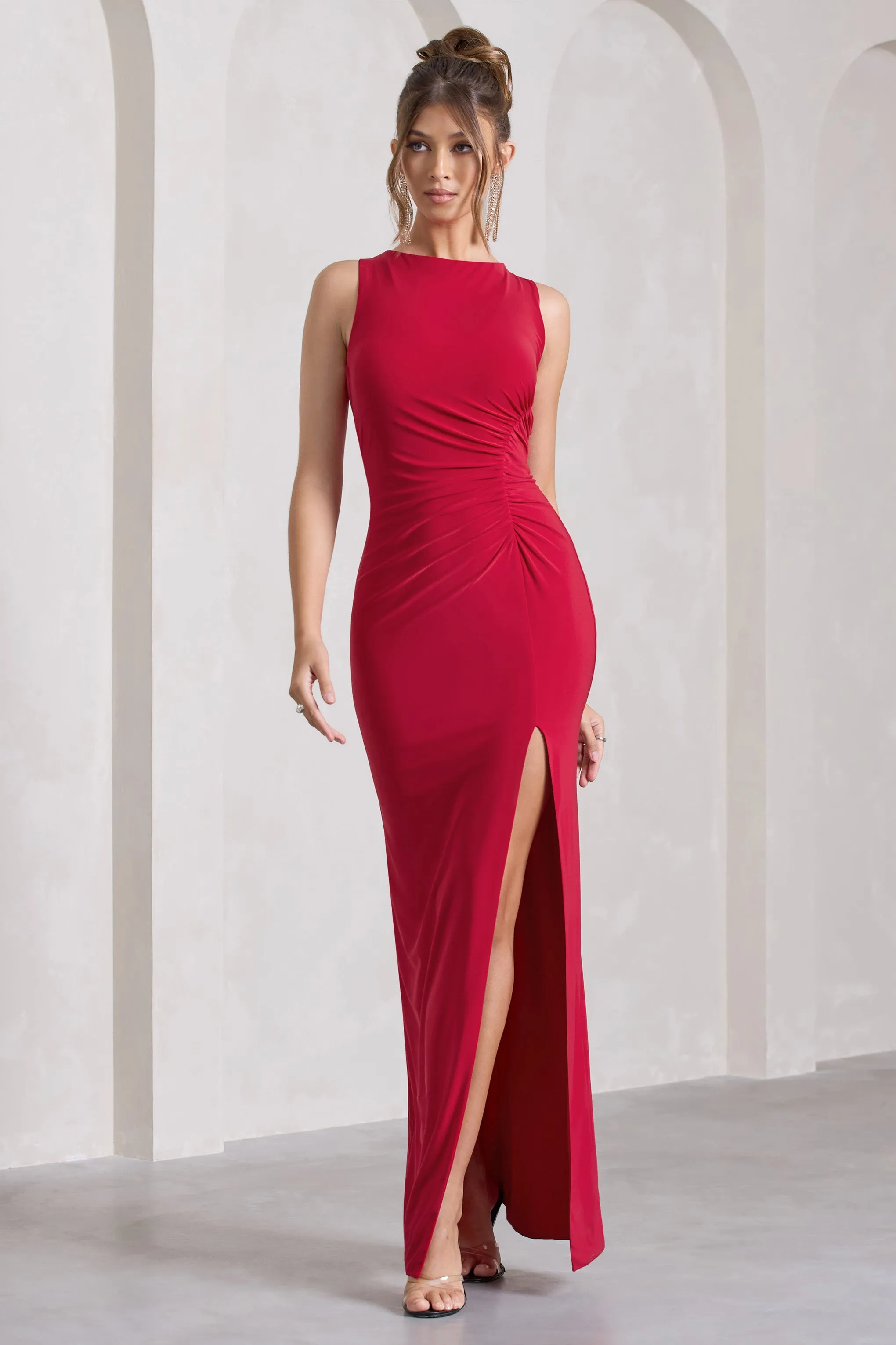 Night To Remember | Red Open-Back Split Maxi Dress sold by Club L London product image thumbnail 5