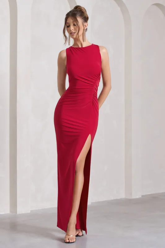 Night To Remember | Red Open-Back Split Maxi Dress sold by Club L London