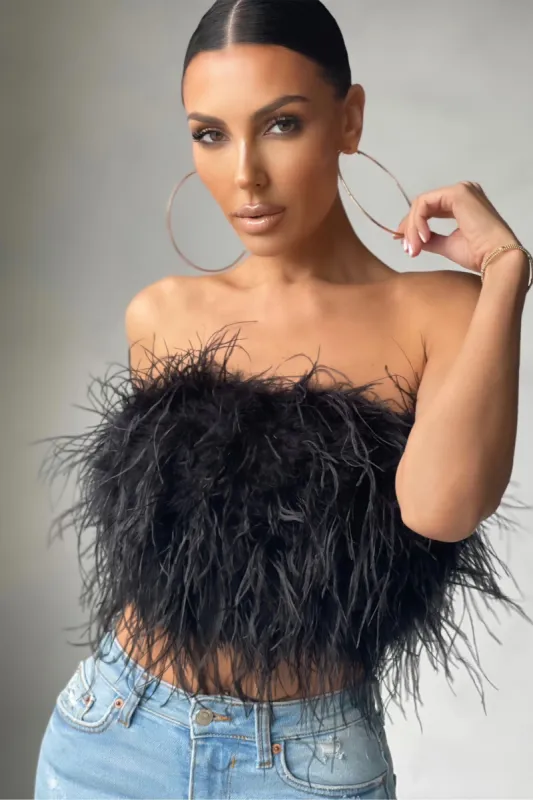 Dream Daze | Black Feather Bandeau Crop Top sold by Club L London
