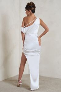 Select | White Asymmetrical Extreme Split Satin Maxi Dress sold by Club L London