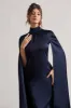 Brogan | Navy Satin High-Neck Midi Dress With Cape Sleeves sold by Club L London