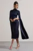 Brogan | Navy Satin High-Neck Midi Dress With Cape Sleeves sold by Club L London