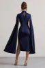 Brogan | Navy Satin High-Neck Midi Dress With Cape Sleeves sold by Club L London