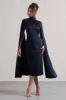 Brogan | Navy Satin High-Neck Midi Dress With Cape Sleeves sold by Club L London