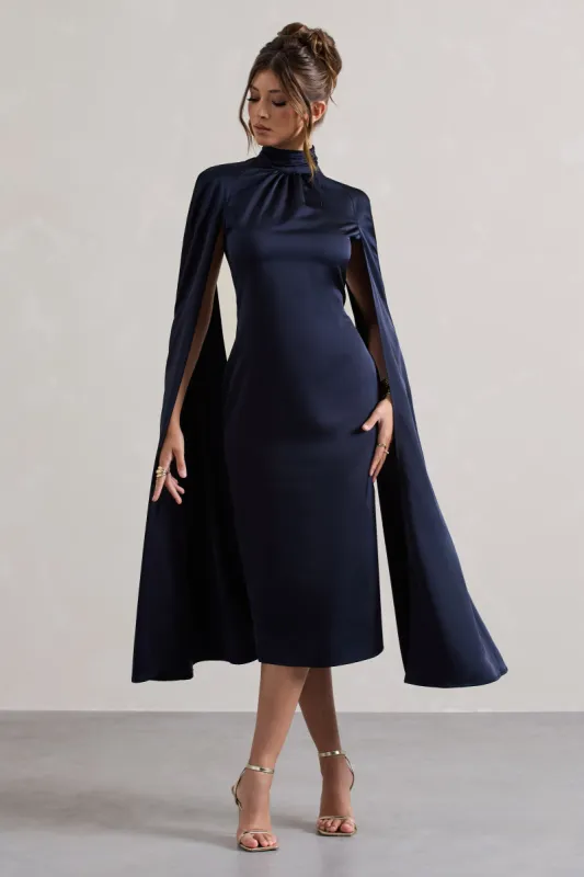 Brogan | Navy Satin High-Neck Midi Dress With Cape Sleeves sold by Club L London