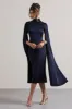 Brogan | Navy Satin High-Neck Midi Dress With Cape Sleeves sold by Club L London