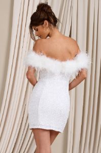 New Money | White Bodycon Sequin Mini Dress With Feather Trim sold by Club L London