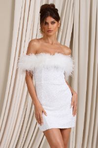 New Money | White Bodycon Sequin Mini Dress With Feather Trim sold by Club L London
