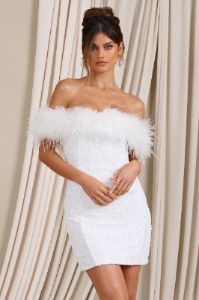 New Money | White Bodycon Sequin Mini Dress With Feather Trim sold by Club L London