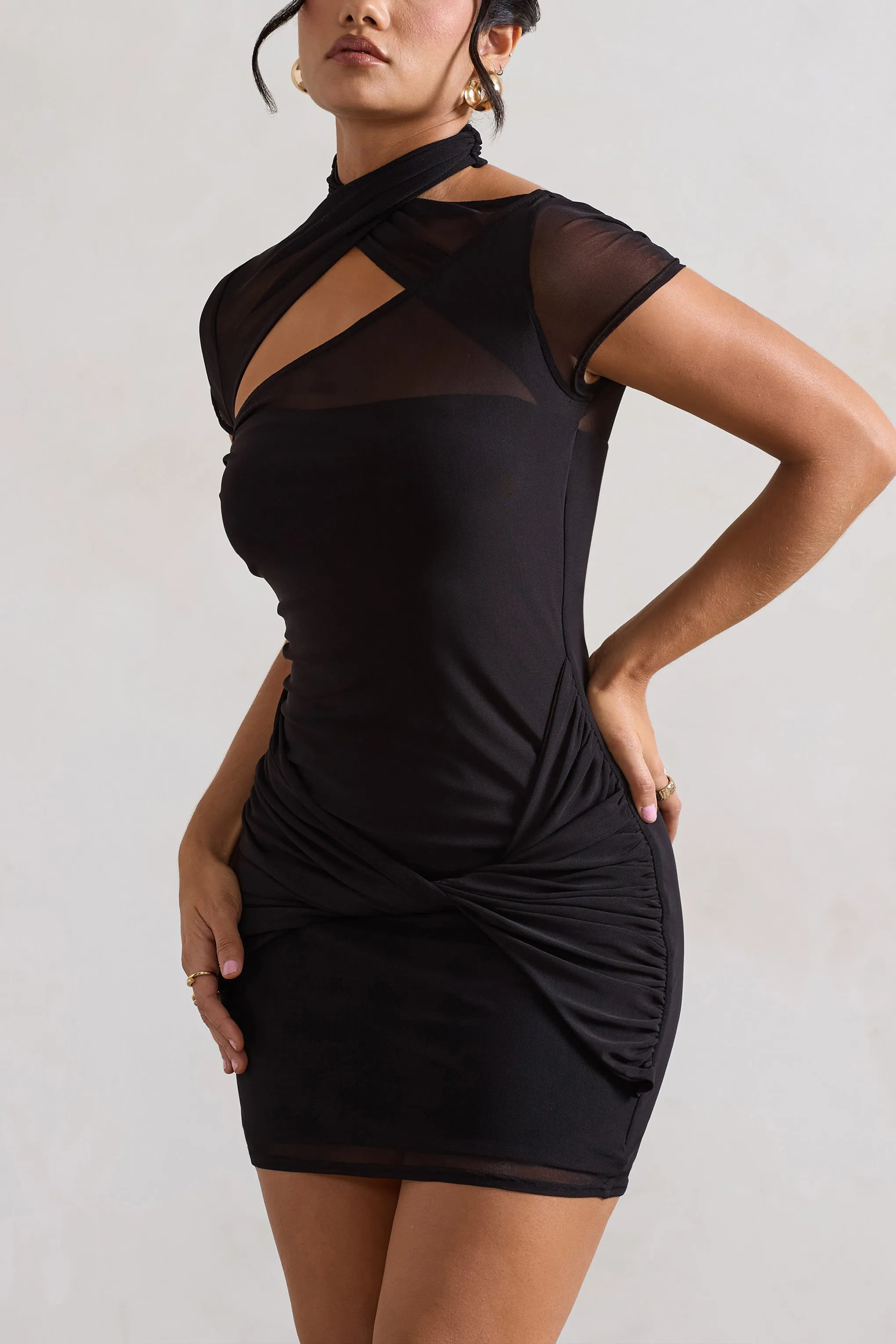 Mandi | Black Mesh Halter-Neck Cut-Out Mini Dress sold by Club L London product image thumbnail 3