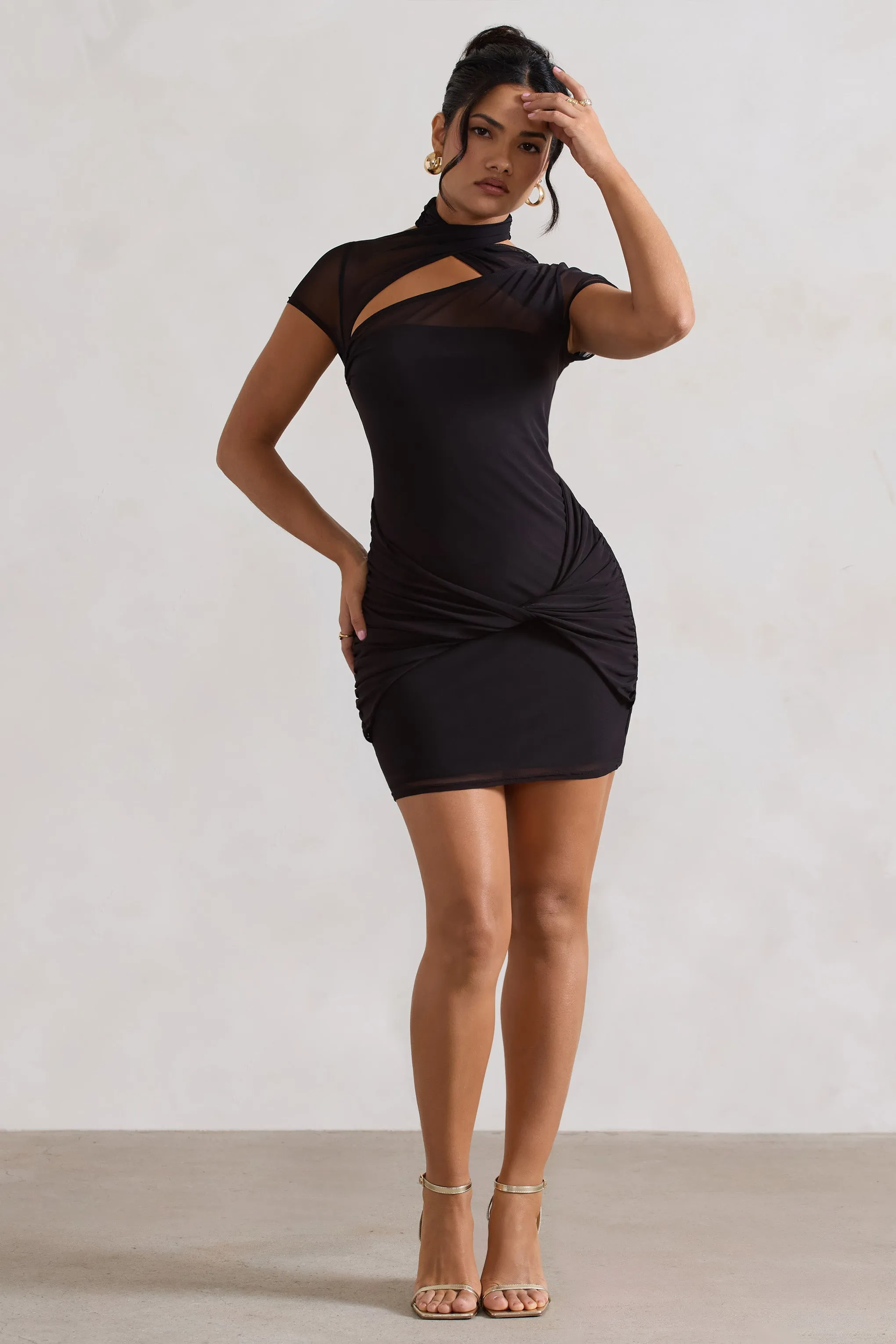 Mandi | Black Mesh Halter-Neck Cut-Out Mini Dress sold by Club L London