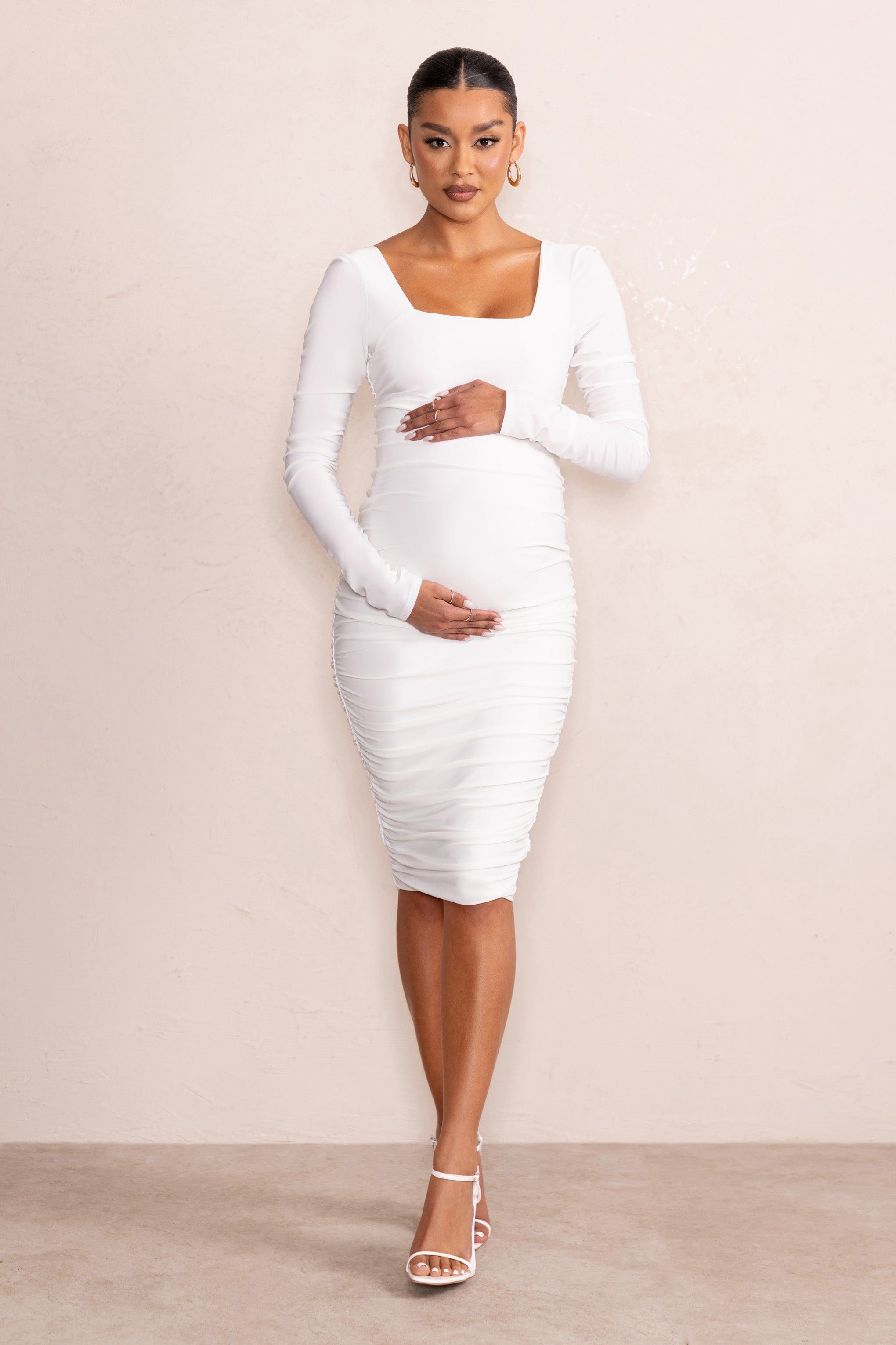 New Life | White Maternity Square Neck Ruched Midi Dress sold by Club L London product image thumbnail 4