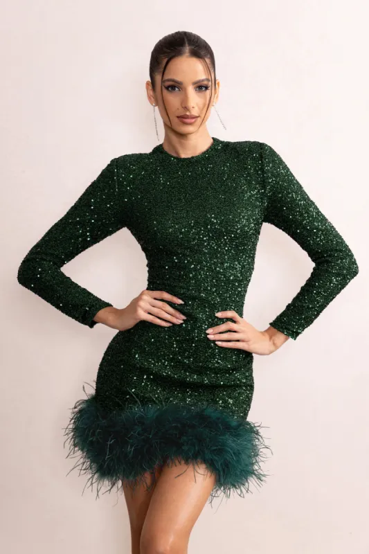 Claudia | Bottle Green Sequin High Neck Feather Hem Mini Dress With Long Sleeves sold by Club L London