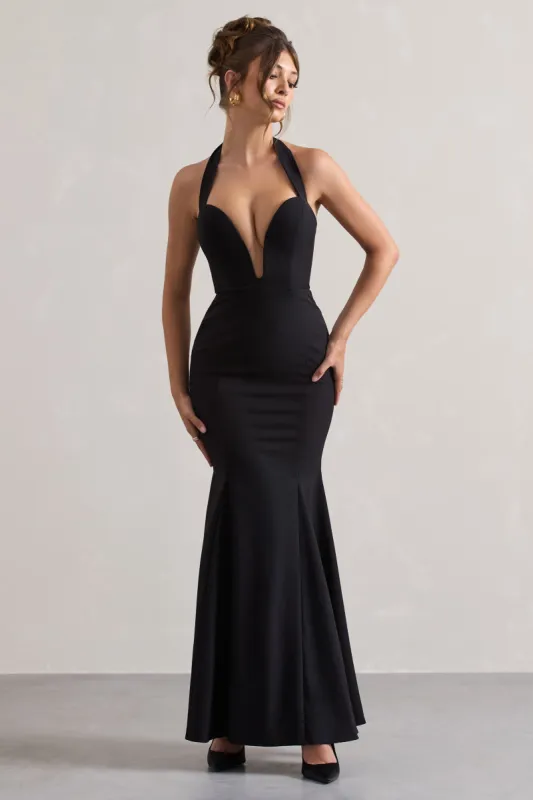 Plaza | Black Plunge Halter-Neck Fishtail Maxi Dress sold by Club L London