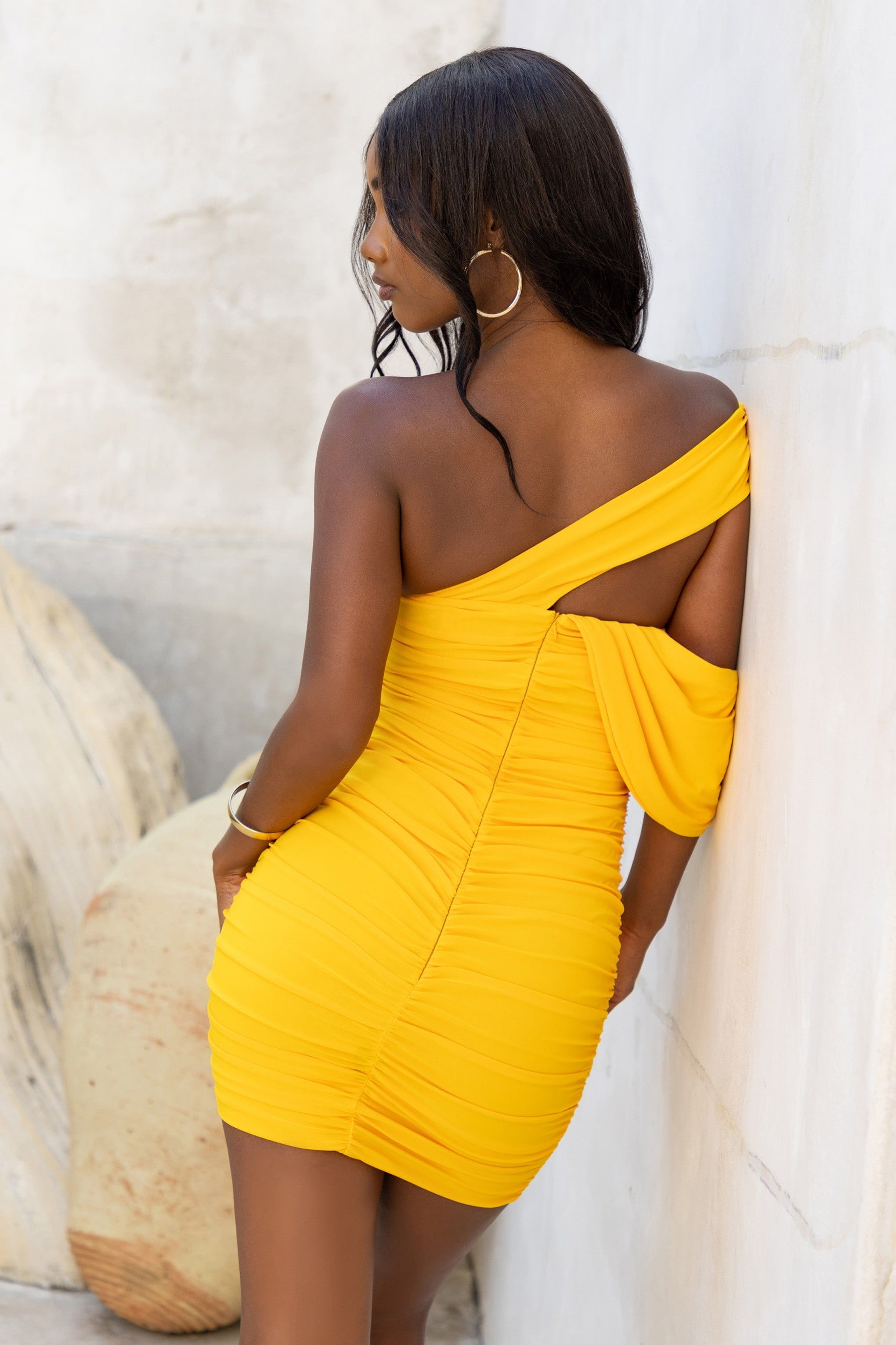 Doha | Yellow Asymmetric Neck Off The Shoulder Ruched Mini Dress sold by Club L London product image thumbnail 2
