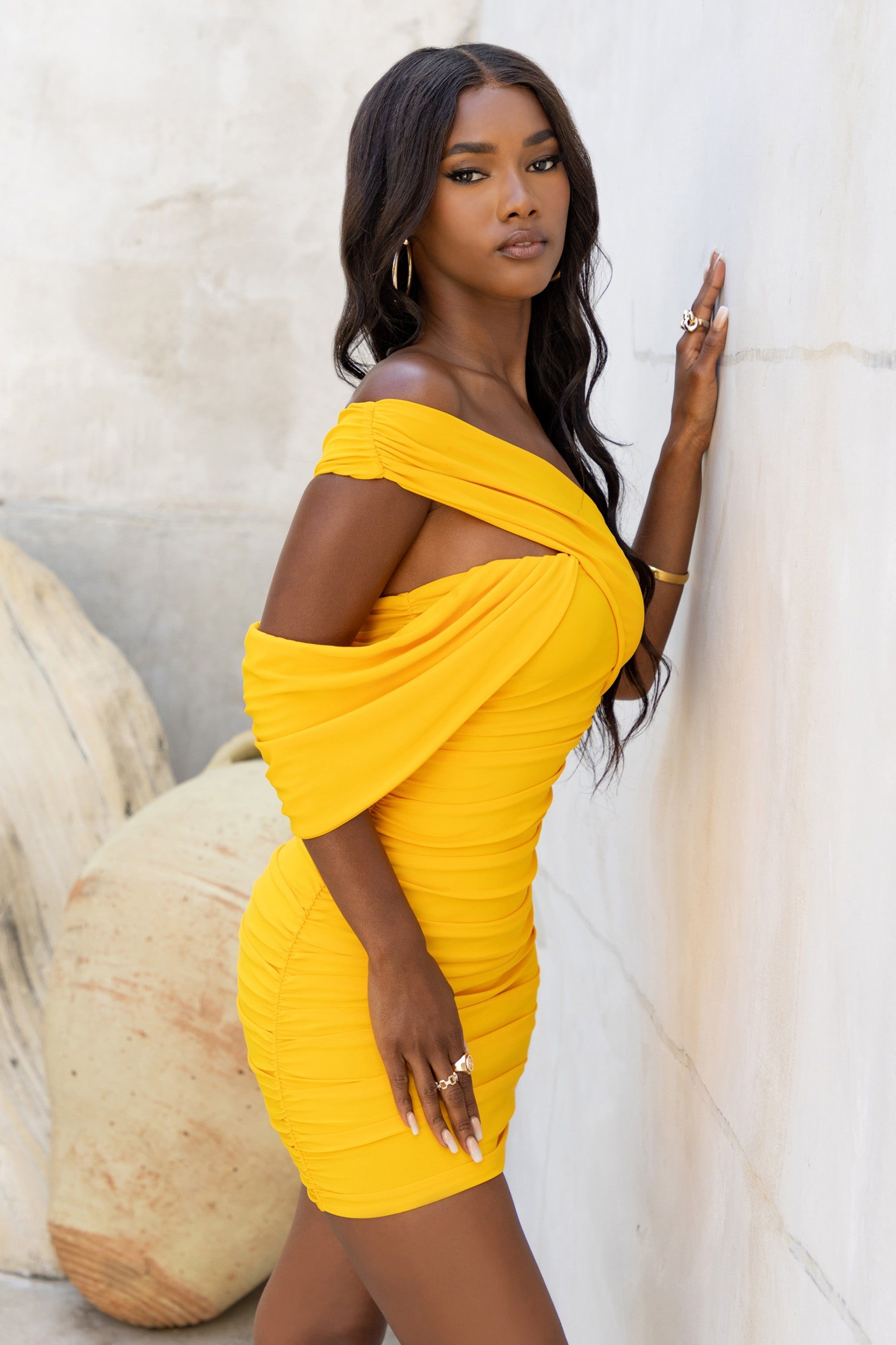 Doha | Yellow Asymmetric Neck Off The Shoulder Ruched Mini Dress sold by Club L London product image thumbnail 3