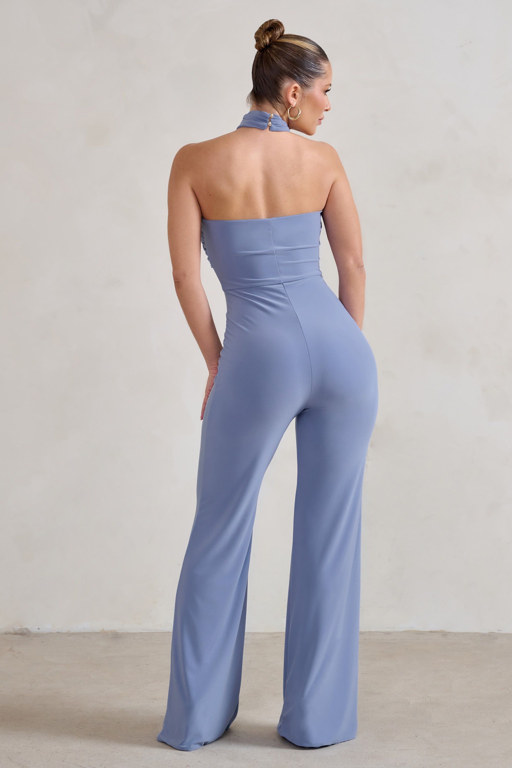 Goddess | Ice Blue Halter Neck Flare Jumpsuit sold by Club L London product image thumbnail 2