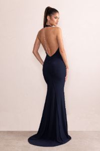 Dania | Dark Navy Plunge Neck Halter Low Back Maxi Dress With Diamante Trim sold by Club L London