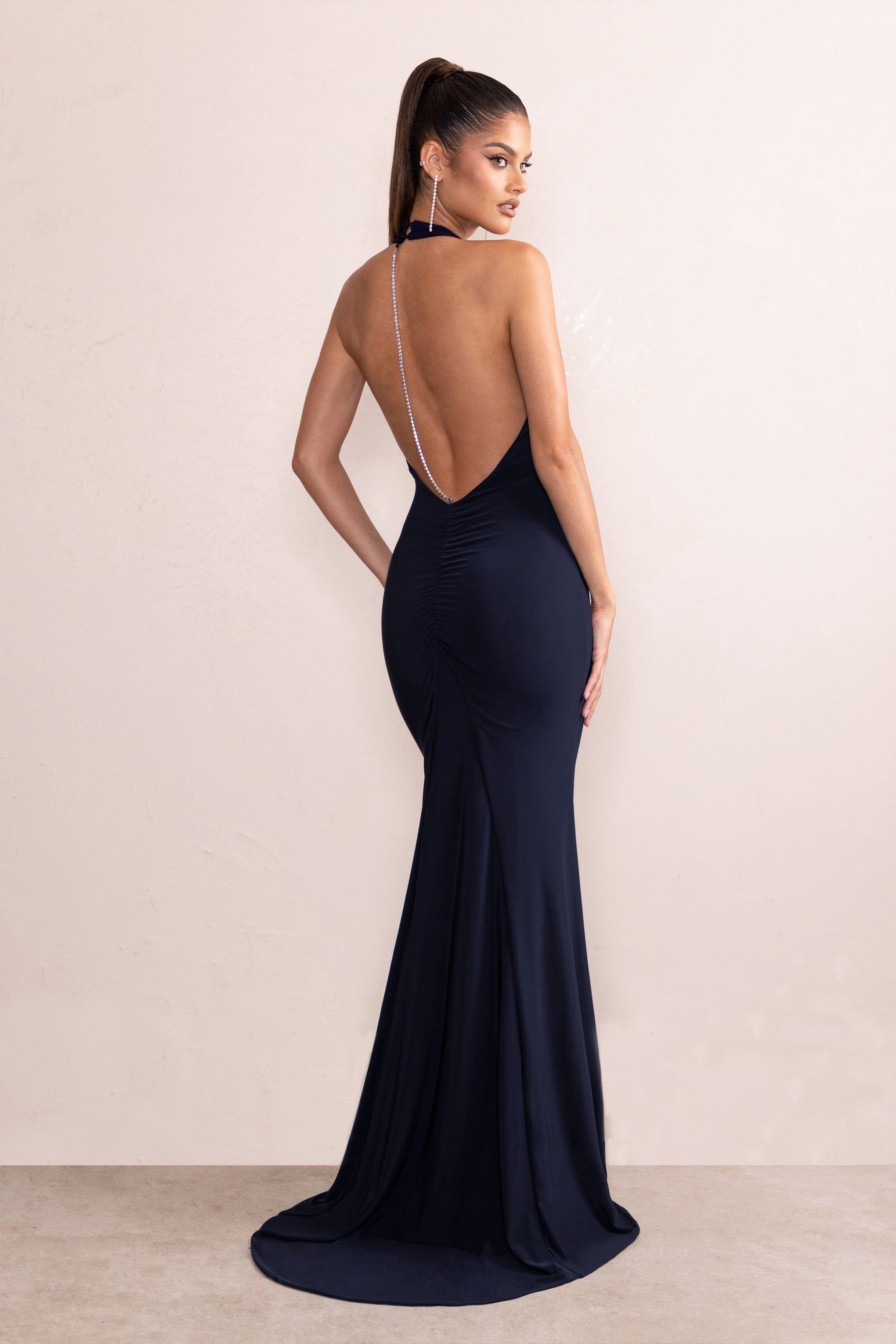 Dania | Dark Navy Plunge Neck Halter Low Back Maxi Dress With Diamante Trim sold by Club L London product image thumbnail 2