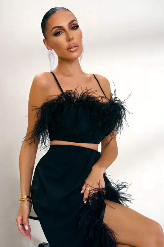 Prestige | Black Bralette With Feather Trim sold by Club L London
