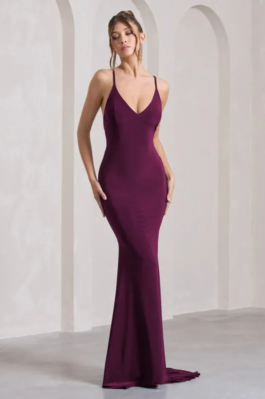 Lucky Number | Plum Cross Back Fishtail Maxi Dres sold by Club L London