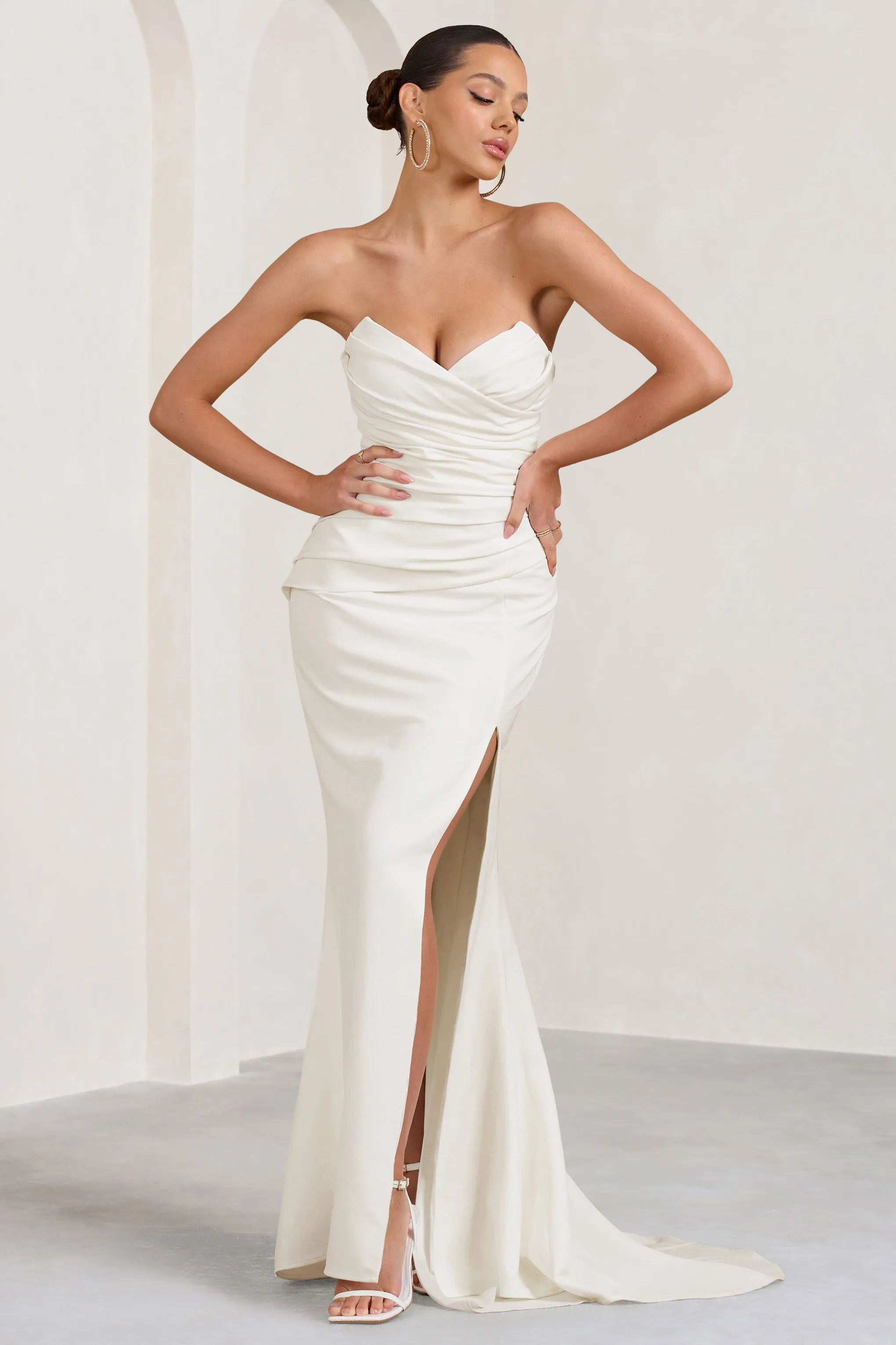 fishtail maxi dress white Maria White Off Shoulder Ruched Fishtail Maxi Dress, S / White