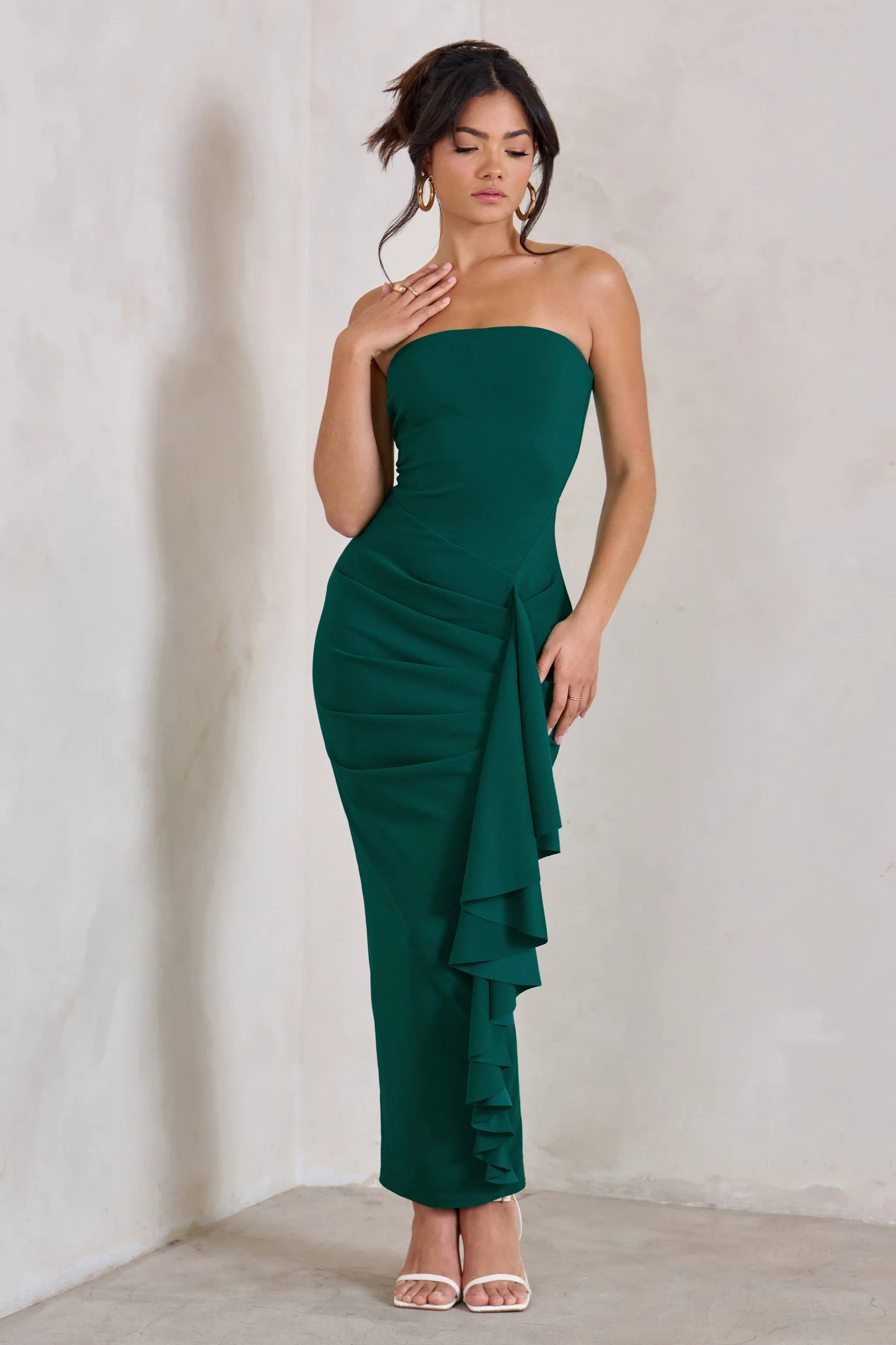 Fleur | Bottle Green Bandeau Ruffle Maxi Dress sold by Club L London