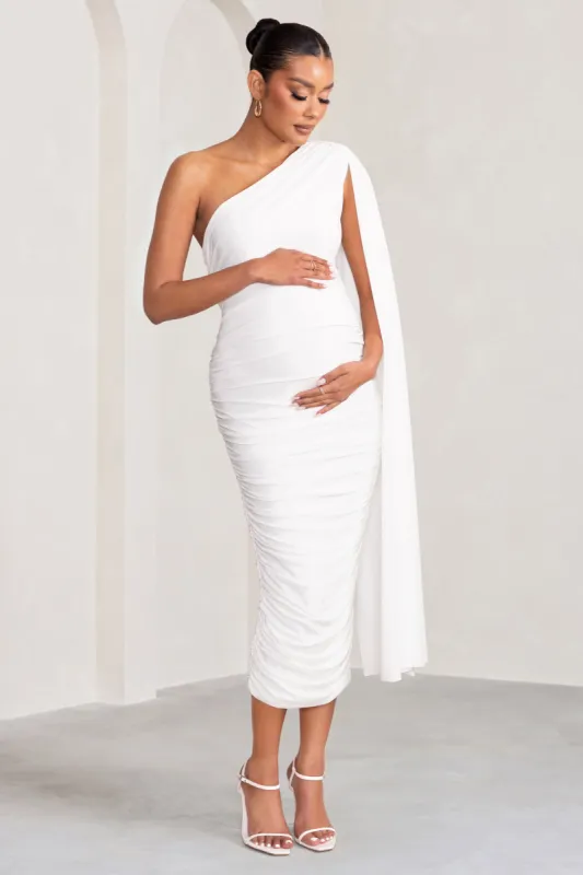Yara | White One Sleeve Ruched Maternity Midi Dress with Cape Sleeve sold by Club L London
