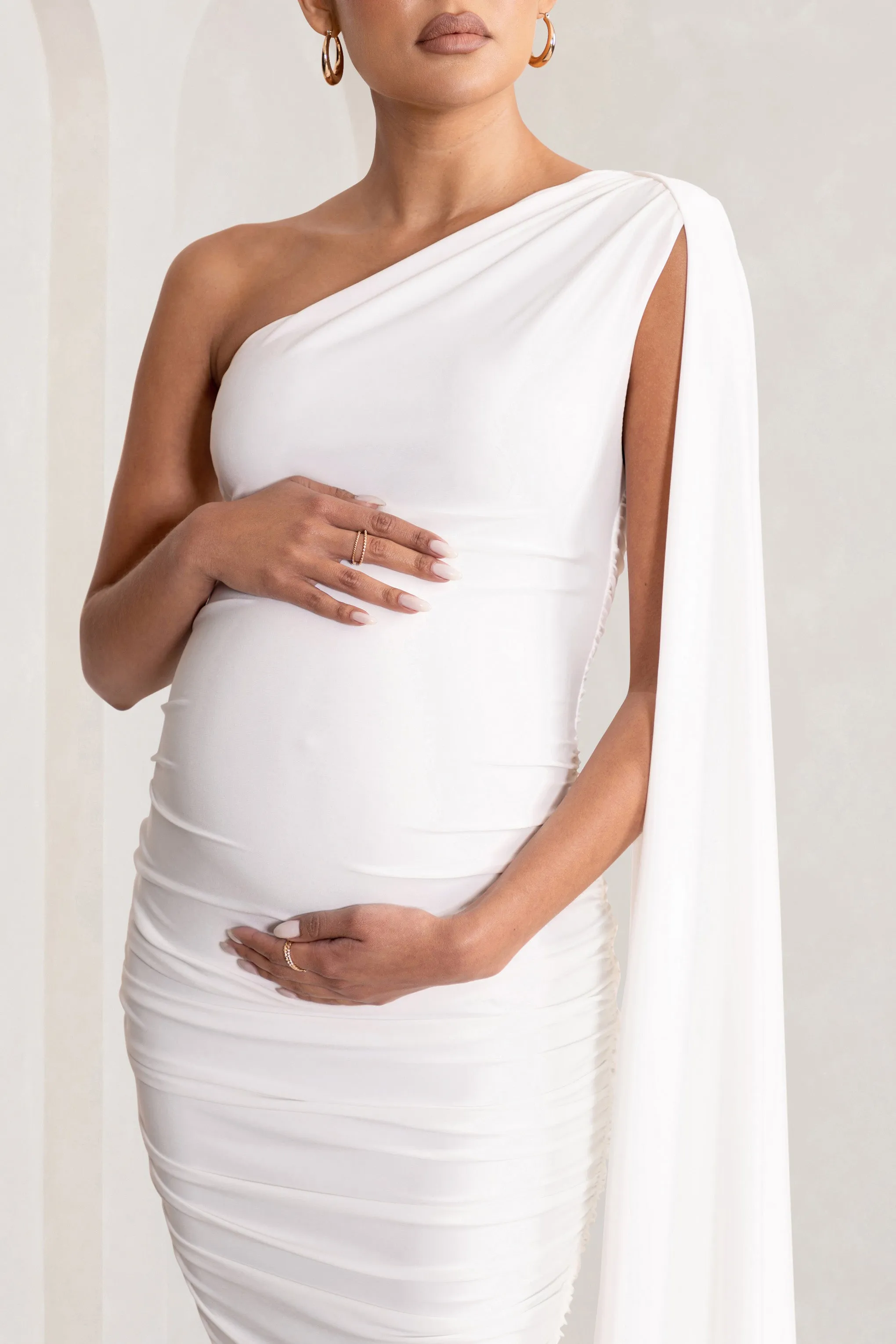Yara | White One Sleeve Ruched Maternity Midi Dress with Cape Sleeve sold by Club L London product image thumbnail 4