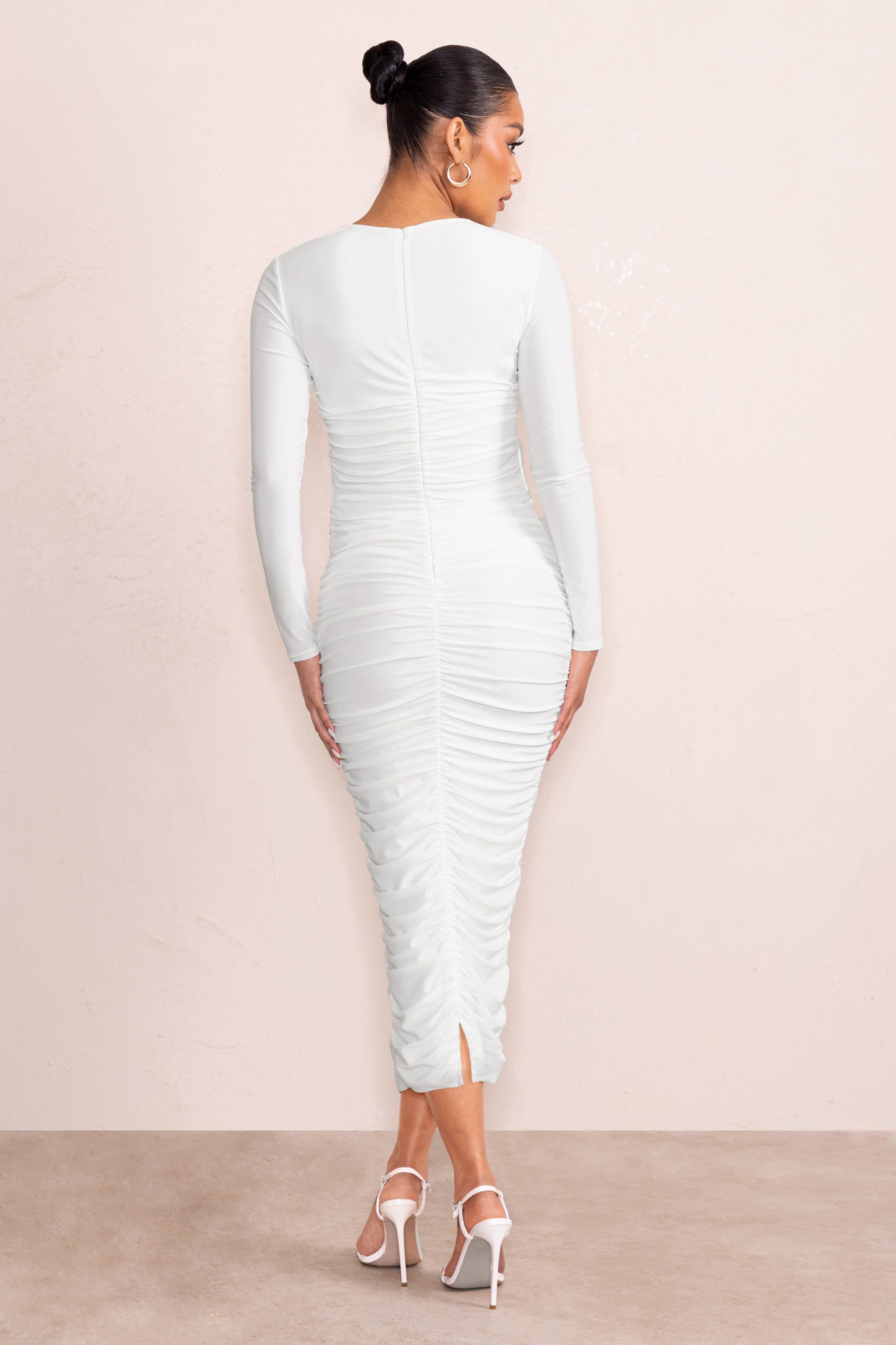 Renee | White Twist Front Plunge Maternity Midi Dress with Long Sleeves sold by Club L London product image thumbnail 2