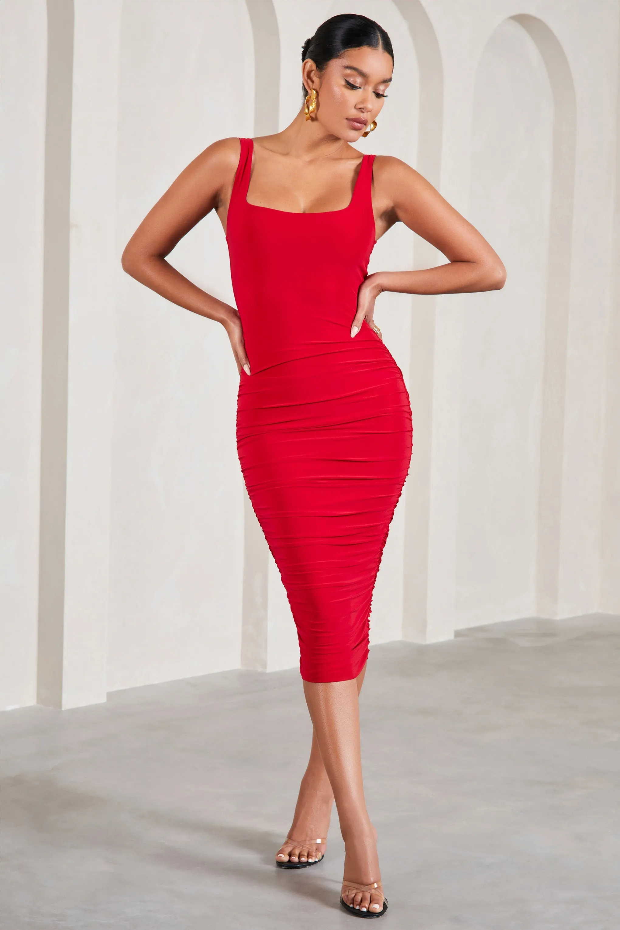 Lisbon | Red Square Neck Ruched Midi Dress sold by Club L London product image thumbnail 5