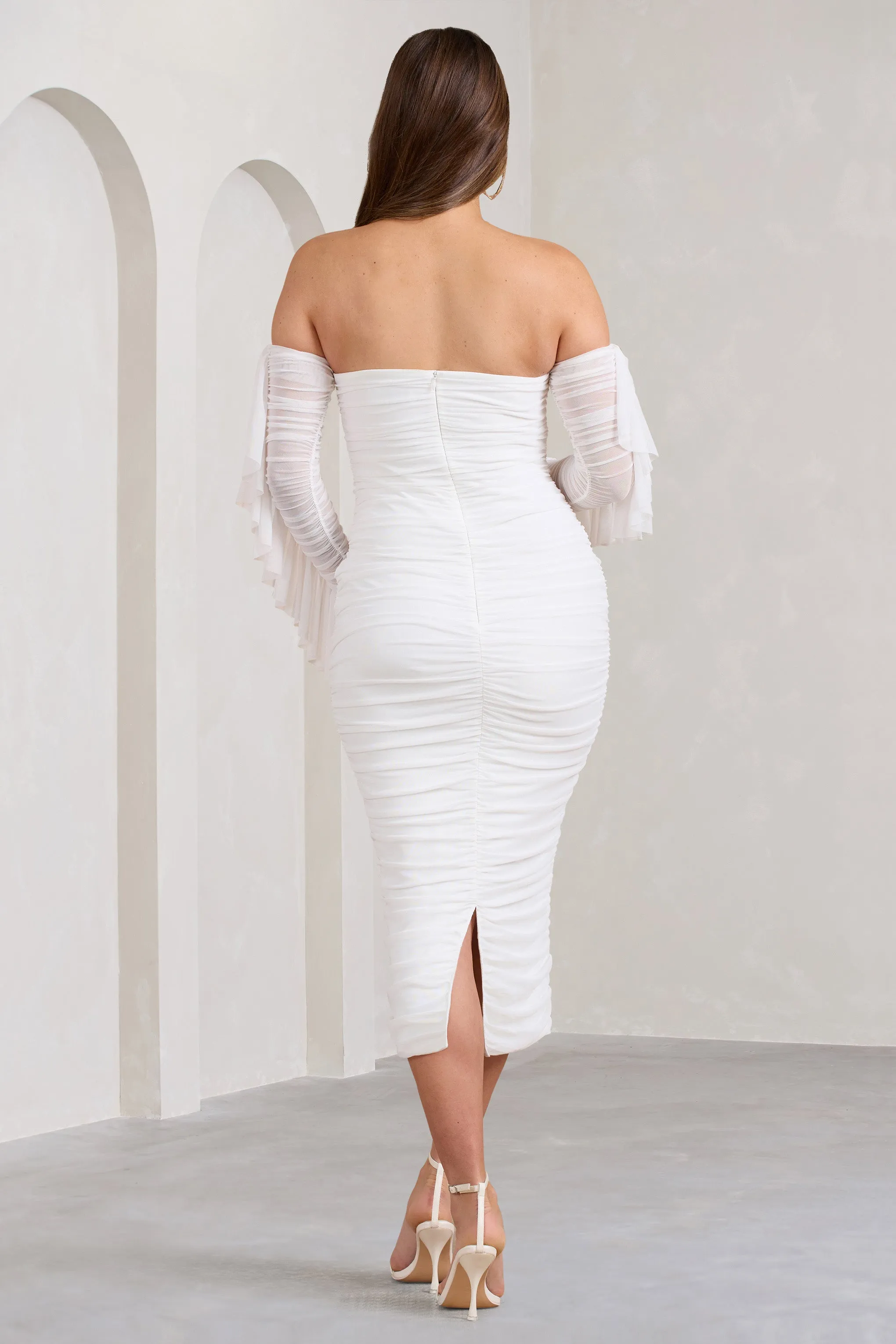 Aroma | White Ruched Mesh Maternity Midi Dress With Ruffled Sleeves sold by Club L London product image thumbnail 2