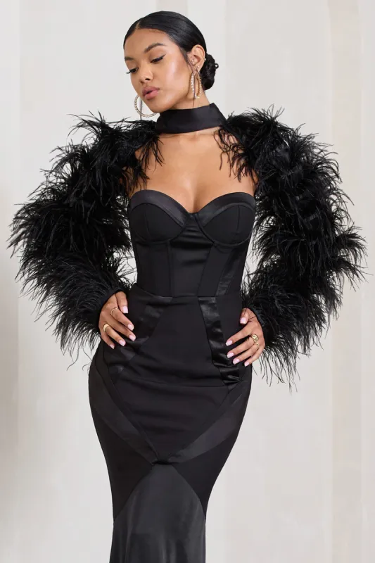 Wild | Black Satin Jacket With Long Feather Sleeves sold by Club L London